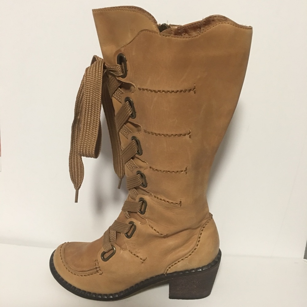 SEYCHELLES LEATHER ZIP LACE UP TAN CHUNKY BLOCK HEEL BOOTS PLAID FLANNEL LINING